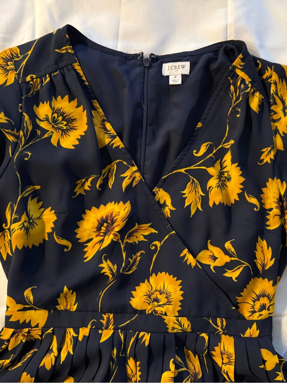 J. Crew Navy Midi Dress with Bold Yellow Floral Print